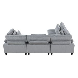 Set di Divani Modulari in Corduroy Grigio con Gambe in Legno Massello, 4 Pezzi, Cuscini Morbidi, Arredamento per Soggiorno - Product Image 5