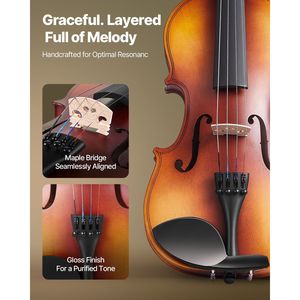 Ensemble de violon 4/4 taille adulte pour débutants, étui rigide avec colophane, archet, épaulette, chevalet et accordeur 'E' - Product Image 2