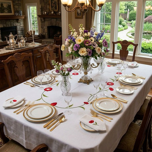 Custom Embroidered Red Poppy Flowers Tablecloth Washable <b>White</b> Linen Hemstitch <b>Table</b> Cloth Home Hotel Restaurant Use - Product Image 1