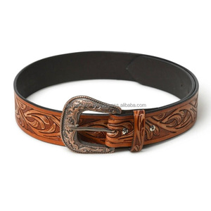 Versatile High Quality Hand Carved Floral Embossed Full Grain Western <b>Leather</b> <b>Tooling</b> Belt for Men with Stylish Engraving Buckle - Product Image 3