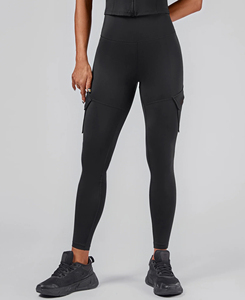 Leggings de yoga noirs taille basse style streetwear avec poches 3D, longueur intégrale, sans coutures, extensibles dans quatre directions, en Spandex/Nylon, respirants et à séchage rapide - Product Image 2