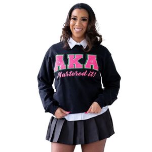 Sweat-shirt noir unisexe AKA Mastered It, col rond, lettres en chenille, coton premium, décontracté, élégant, confortable - Product Image 1