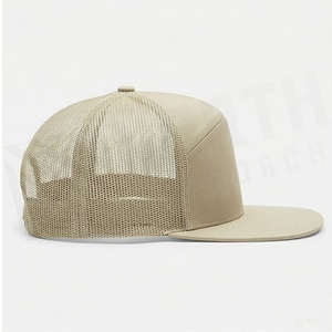 Beige 6-Panel Trucker Cap Mesh Fabric Adjustable <b>Flat</b> Brim Unisex Casual <b>Hat</b> Adult Size 58-60CM - Product Image 3