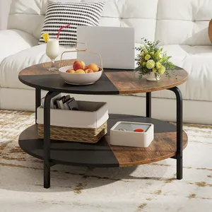 Mesa de centro redonda de 2 niveles con estante de almacenamiento, marco de metal, para sala de estar, apartamento, color marrón rústico, de calidad excepcional, precio de fábrica al por mayor. - Product Image 2