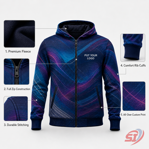 Sudadera con Capucha Personalizada por Sublimación, Cian Magenta, Cierre Completo, Impresión Espectral, Marca Privada, Logotipo OEM, Proveedor Mayorista de Artículos Deportivos - Product Image 5