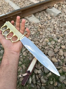 Couteau Handal en laiton à lame pointue en acier au carbone, couteau bwoie à bord droit avec étui en cuir - Product Image 4