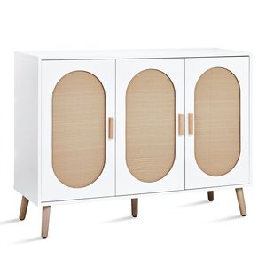 Armadio Alto a 3 Ante con Piano in Rattan Ovale, Struttura Bianca, Naturale, 113*40*83.5cm, in Truciolato, Scarpiera in Plastica - Product Image 1