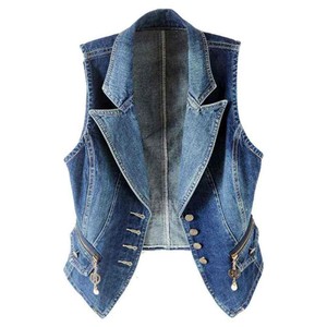 Chaleco vaquero azul vintage para mujer al por mayor, chaqueta sin mangas personalizada con doble botonadura y solapa ancha, detalles de cremallera - Product Image 1