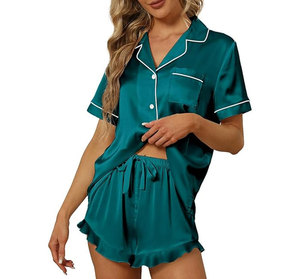 Conjunto de Pijamas de Satén para Mujer, Manga Corta, Color Negro Sólido, Cuello Camisero, Cintura Elástica, Ropa de Dormir Clásica Transpirable para Primavera/Verano - Product Image 1