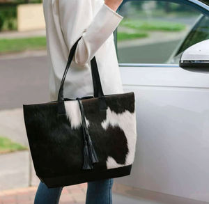 Bolso Tote de Piel Genuina con Pelo de Vaca Negro, Bolso de Hombro con Cierre de Cremallera, Estilo Vintage, para Viajes y Compras, para Mujer - Product Image 2