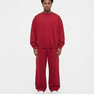 Men's <b>Red</b> Cotton Tracksuit Crew Neck Sweatshirt Jogger Set Loose Fit Solid Color Casual Autumn Wear Full Length Side Pockets - Product Image 4