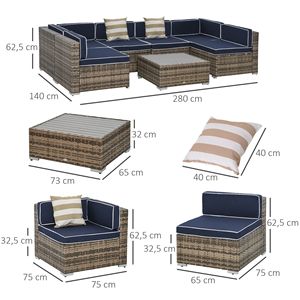 Set Divano da Esterno Moderno in Rattan a 7 Pezzi con Cuscini Blu, Cuscini Decorativi e Tavolino da Tè - Product Image 3