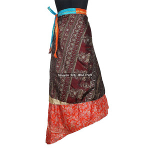 *Hot* Vintage Indian Two Layer <b>Boho</b> Hippie Long Length Magic Silk Wrap <b>Skirt</b> 2 Layer Reversible Magic Silk Saris Wrap Long <b>Skirt</b> - Product Image 2