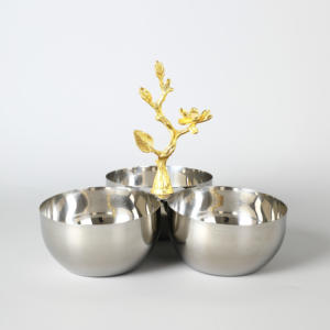 Bol de service double en argent de luxe avec poignée en forme d'oiseau doré sur branche, élégant plateau à noix en métal pour une décoration intérieure haut de gamme - Product Image 2