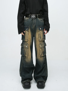 High Waist Cargo <b>Jeans</b> <b>Men</b> Bleach Stone Wash Denim Patchwork Loose Fit Streetwear Style Midweight Cotton Pants Autumn - Product Image 1