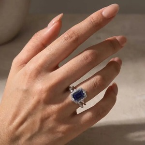 925 Moissanite 3.0Ct Halo <b>Emerald</b> Cut Blue Sapphire Engagement <b>Ring</b> in Sterling <b>Silver</b> Gold Plated Wedding Band. - Product Image 4