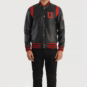 IDREESANDSONS Varsity <b>Jacket</b> <b>Men</b> Black <b>White</b> Embroidered UR Patch Design Casual Autumn Wear Turn-down Collar Regular Fit Single - Product Image 4