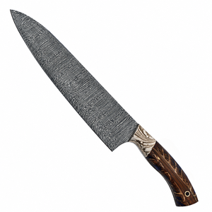 Cuchillo de Chef con Mango Marrón Marmoleado y Patrón Damasco, Hoja Ancha Gris Plateada y Empuñadura Curva para Cortar en la Cocina y Preparar Alimentos - Product Image 1