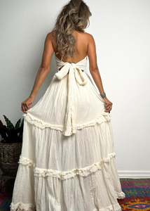 Wholesale Women's Ethereal White Maxi Dress Tiered Ruffle Organic Cotton Eco-Friendly Vintage Bohemian V-Neck Raw Dress Dress - Product Image 5