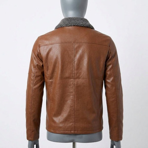 Men's <b>Brown</b> PU Leather <b>Jacket</b> with Faux Fur Collar Zipper Closure Windproof Moto Style Winter Wear - Product Image 4
