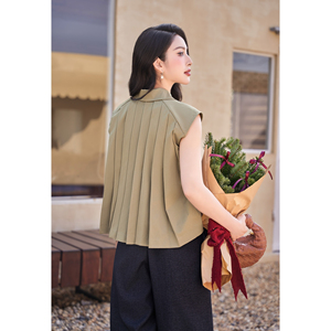 Blusa sin Mangas para Mujer, Diseño ODM OEM, Color Caqui, Pliegues en la Espalda, Cuello con Botones, Estilo Casual para Otoño e Invierno, Marca ELLERY - Product Image 3