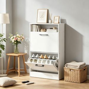 Meuble de rangement pour chaussures avec séparateurs réglables, design fin inclinable, blanc, pour entrée et couloir - Product Image 1