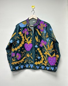 Chaqueta Bohemia de Terciopelo Verde Azulado con Bordado Floral, Cuello Alto, Manga Larga, Ropa de Abrigo Otoñal para Mujer - Product Image 1