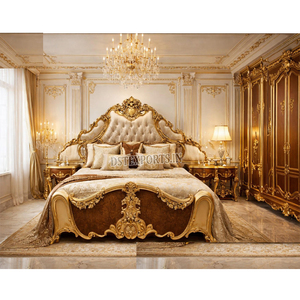 Juego de Muebles de Dormitorio de Madera de Lujo de Inspiración Italiana, Juego de Dormitorio Estilo Trono Dorado Personalizado con Mesitas de Noche, Precio de Fábrica, EE. UU. - Product Image 1