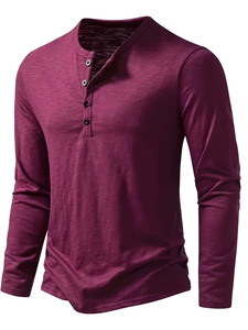 Men's Slim Fit Long Sleeve Henley T-Shirt Stand-Up Collar Solid Color Breathable Knitted Cotton Casual Wear <b>Back</b> Logo 220g Made - Product Image 2