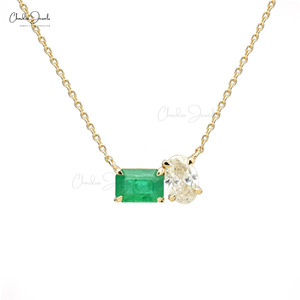 Natural Emerald & White Diamond Wedding <b>Necklace</b> 0.53CTW Octagon Gemstone Minimalist Bridal Jewelry Fast Shipping Supplier India - Product Image 2