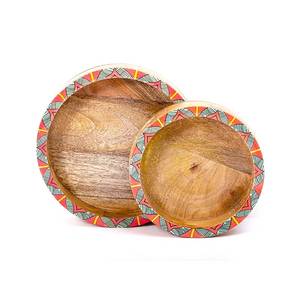Juego de bandejas de madera con estampado esmaltado, bandeja redonda de madera de mango para servir, borde decorativo esmaltado, bandeja artesanal con borde floral, tazón de madera. - Product Image 4
