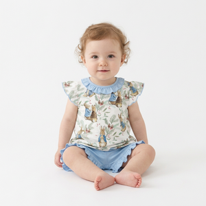 Girls Cotton Ruffle Top & Shorts Set Character Print Sleeveless Breathable Blue White made in Bangladesh manufactures - Product Image 3