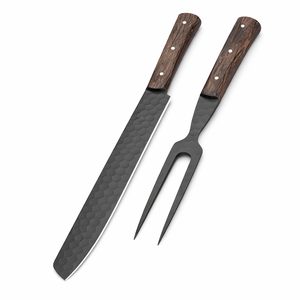 SAZ ENTERPRISES Couteau et fourchette en acier inoxydable faits à la main, finition thermolaquée, manches en bois, ambidextres, avec étui en cuir de qualité supérieure - Product Image 1