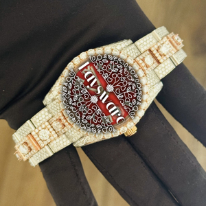 <b>Elite</b> Red Sunburst Dial VVS Moissanite Diamond Two Tone Iced Out Roman Numeral Luxury Stainless Steel Statement Wristwatch - Product Image 6