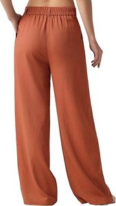 Pantalon large à taille haute pour femme, couleur unie, plissé, coupe ample, longueur complète, respirant, décontracté, pantalon d'été avec poches - Product Image 2