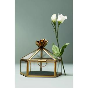 Caja Transparente para Joyas con Tapa Pentagonal y Flor de Latón en la Parte Superior, Caja de Vidrio Vintage para Almacenamiento, Organizador de Recuerdos - Product Image 1