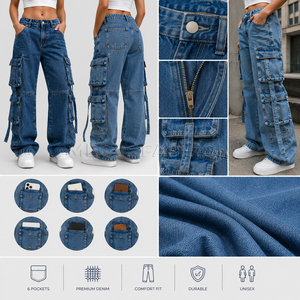 Lote de Stock: Jeans Cargo de Cintura Alta para Mujer, Hechos en Bangladesh, de Mezclilla Lavada a la Piedra, Ajuste Holgado con Crop Tops - Proveedor Mayorista de Ropa Femenina - Product Image 4