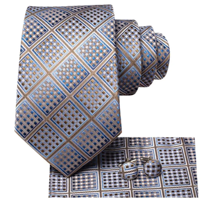 Conjunto de Corbata de Seda con Diseño Geométrico Clásico, Estampado Jacquard en Azul, Marrón y Dorado, para Traje Formal de Negocios, Incluye Corbata, Gemelos y Pañuelo de Bolsillo - Product Image 3