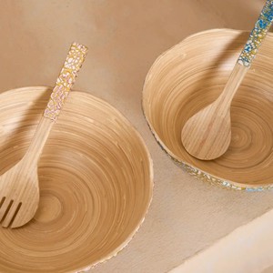 Scalloped Bamboo Salad Bowl with Eggshell Lacquer <b>Serving</b> Set with Spoon and Fork Kitchenware Bamboo <b>Serving</b> Bowls from Vietnam - Product Image 5