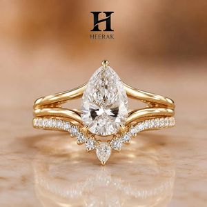 Trendy Teardrop Cut Wedding <b>Ring</b> <b>Set</b> 2-Piece Interlocking Tiara Crown Band 10K 14K Yellow <b>Gold</b> Custom Fine Jewelry - Product Image 2