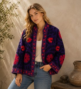 Festival Look Handmade Suzani Embroidered Jacket Black Boho <b>Coat</b> Vintage Ethnic Outerwear Luxury Statement Blazer For <b>Women</b> - Product Image 1