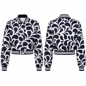 Navy White Floral Print Varsity <b>Jacket</b> Women's <b>Short</b> Crop Bomber Coat Full <b>Sleeve</b> Turn-down Collar Polyester Autumn Style - Product Image 1