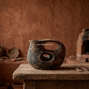 Vase Pichet Rustique en Terre Cuite Marron Rociar, Jug en Céramique Faite à la Main avec Double Poignée Découpée, Récipient Décoratif B2B - Product Image 3