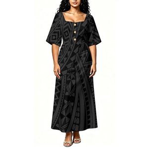 Robe longue tendance pour femme à imprimé floral Frangipani Samoa, col carré, boutonnée sur le devant, manches courtes, taille haute - Product Image 1