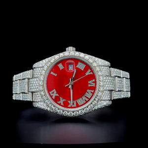 Reloj de Moissanita con Esfera Roja y Oro Blanco, Totalmente Adornado con Piedras, Números Romanos, Esfera Roja Premium, Reloj Automático con Incrustaciones de Moissanita - Product Image 1