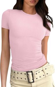 Camiseta de punto acanalado ajustada y elegante para mujer, cuello redondo, ropa de trabajo, ropa interior básica, manga corta, esenciales de verano - Product Image 4