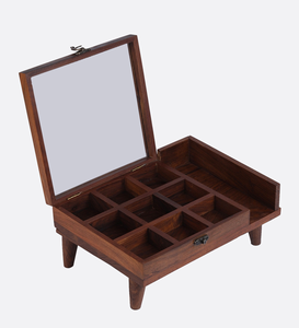 Boîte à épices en bois artisanale avec couvercle en verre, organisateur de masala à 9 compartiments, boîte de rangement de cuisine sur pieds avec plateau de service - Product Image 4