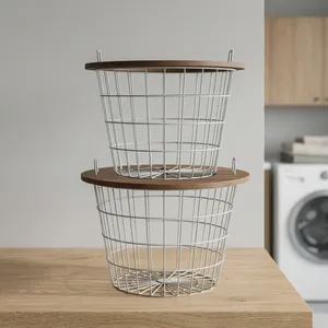 White Iron Wire Laundry Basket Set <b>with</b> Wooden <b>Lid</b> 2 Pack Minimalist Stackable Storage <b>Bins</b> Home Storage & Organization - Product Image 1