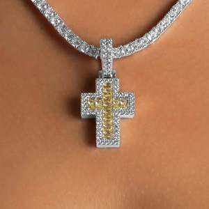 Luxury Two-Tone Iced Out <b>Cross</b> Pendant Necklace | White <b>Gold</b> <b>Cross</b> Pendant with Yellow Stones | Hip Hop Christian Jewelry - Product Image 2