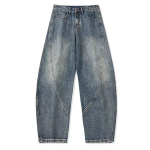 Jeans baggy droits personnalisés pour hommes, style streetwear, en denim de coton délavé foncé, effet usé, vintage et tendance - Product Image 1